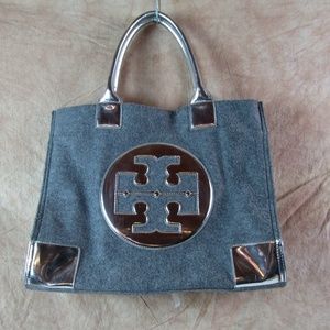 TORY BURCH Large ELLA FLANNEL GRAY SILVER TOTE EUC